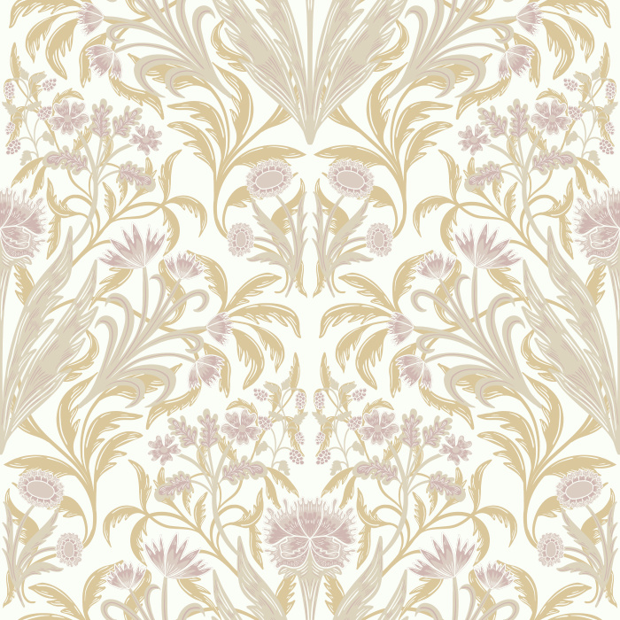 Fleurie Opulence Wallpaper showcases an ornate floral composition of stylized blooms and sweeping foliage set against a rich navy backdrop.