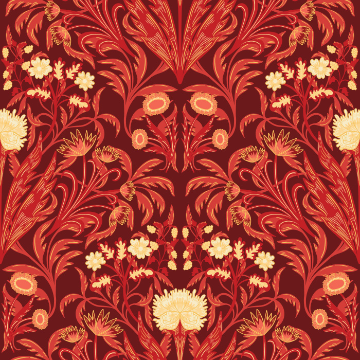 Fleurie Opulence Wallpaper showcases an ornate floral composition of stylized blooms and sweeping foliage set against a rich navy backdrop.