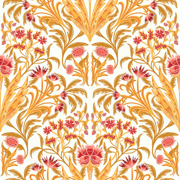 Fleurie Opulence Wallpaper showcases an ornate floral composition of stylized blooms and sweeping foliage set against a rich navy backdrop.