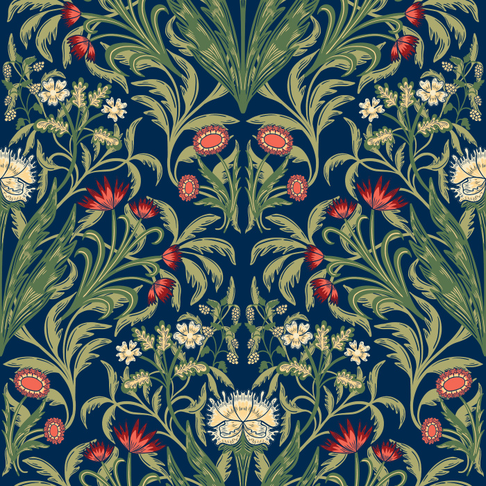 Fleurie Opulence Wallpaper showcases an ornate floral composition of stylized blooms and sweeping foliage set against a rich navy backdrop.