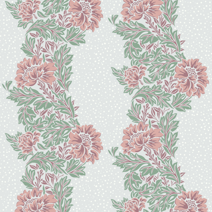 Fable Bloom Wallpaper features cascading botanical vines with soft blue foliage and green florals set against a deep charcoal-blue backdrop.
