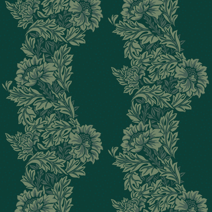 Fable Bloom Wallpaper features cascading botanical vines with soft blue foliage and green florals set against a deep charcoal-blue backdrop.