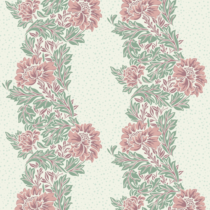Fable Bloom Wallpaper features cascading botanical vines with soft blue foliage and green florals set against a deep charcoal-blue backdrop.