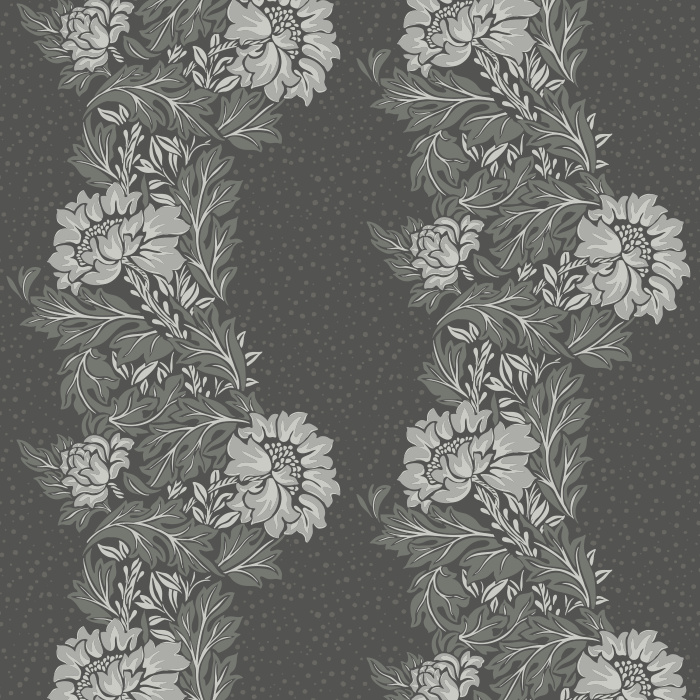 Fable Bloom Wallpaper features cascading botanical vines with soft blue foliage and green florals set against a deep charcoal-blue backdrop.