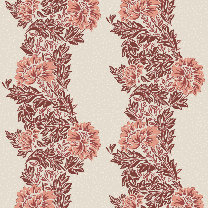 Fable Bloom Wallpaper features cascading botanical vines with soft blue foliage and green florals set against a deep charcoal-blue backdrop.