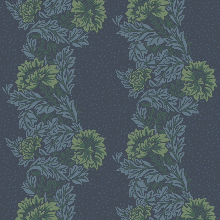 Fable Bloom Wallpaper features cascading botanical vines with soft blue foliage and green florals set against a deep charcoal-blue backdrop.