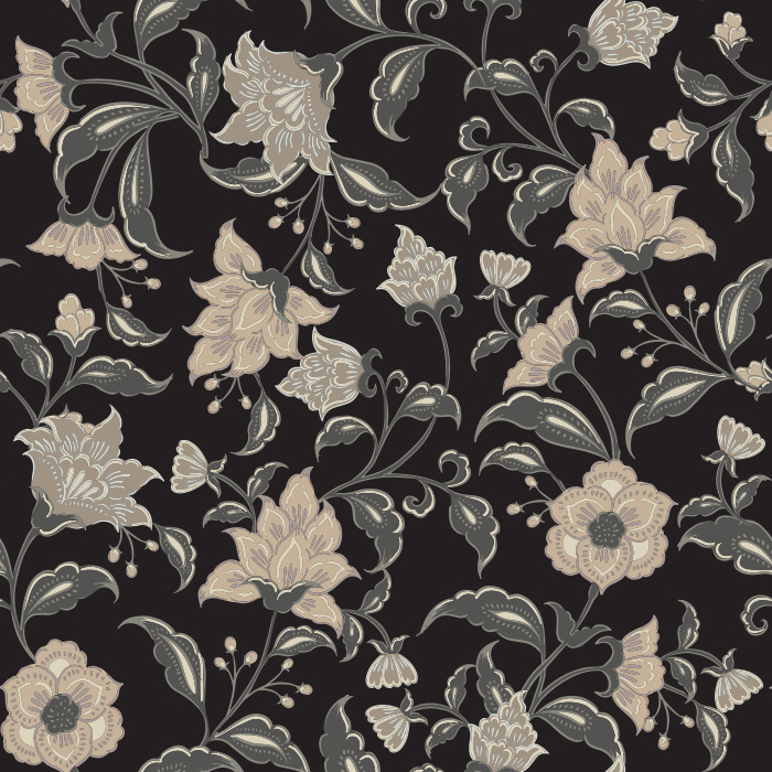 Heritage Garden Wallpaper blends a lush vintage floral pattern with warm brown tones, featuring sweeping botanical vines and soft cream blossoms.