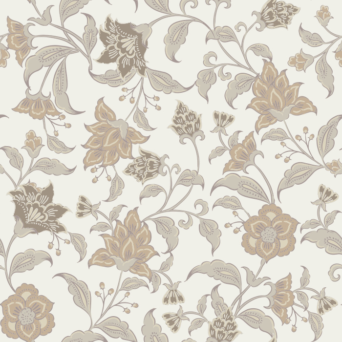 Heritage Garden Wallpaper blends a lush vintage floral pattern with warm brown tones, featuring sweeping botanical vines and soft cream blossoms.