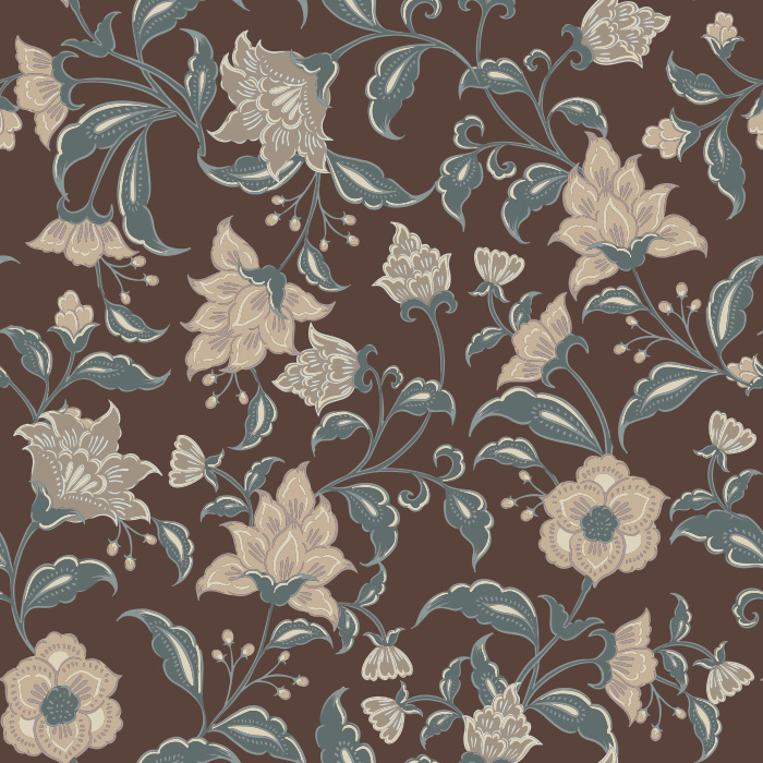 Heritage Garden Wallpaper blends a lush vintage floral pattern with warm brown tones, featuring sweeping botanical vines and soft cream blossoms.