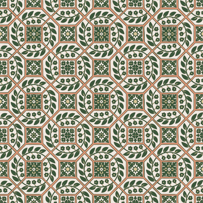 Paved Blossoms Wallpaper blends geometric structure with delicate floral detailing in deep green and muted sage for a rich, textural look.