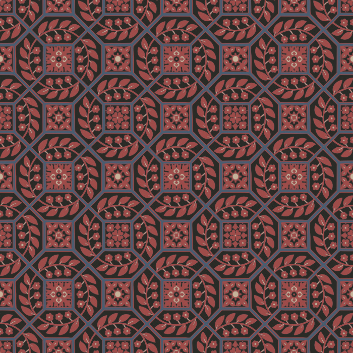 Paved Blossoms Wallpaper blends geometric structure with delicate floral detailing in deep green and muted sage for a rich, textural look.