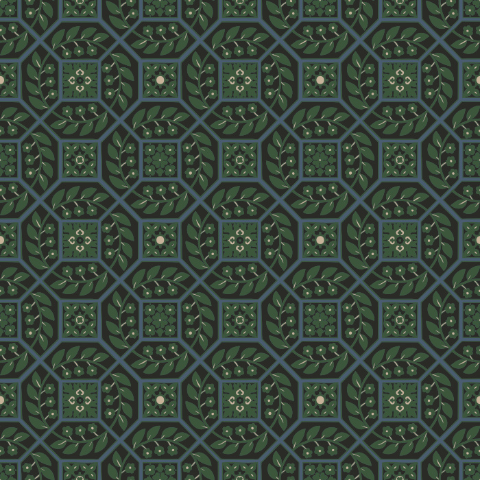 Paved Blossoms Wallpaper blends geometric structure with delicate floral detailing in deep green and muted sage for a rich, textural look.