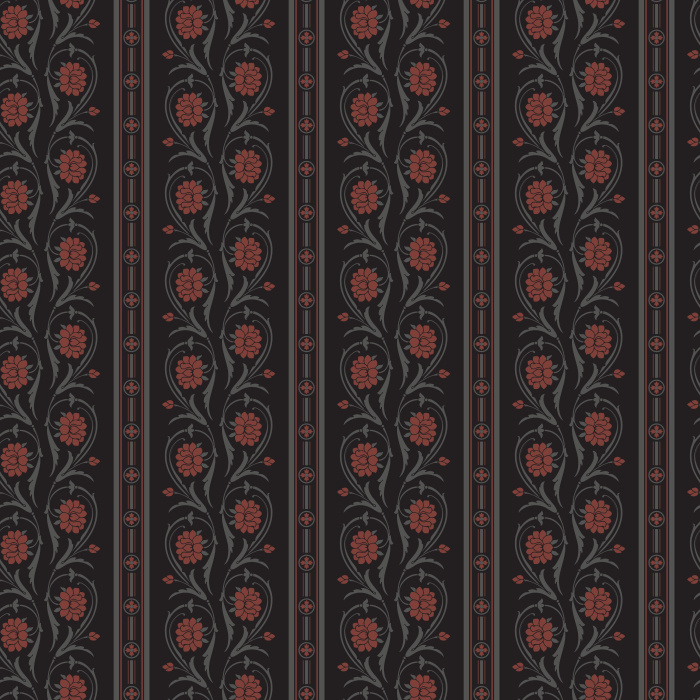 Floral Columns Wallpaper features elegant vertical stripes intertwined with stylized blooms in soft red and deep blue on a warm white backdrop.