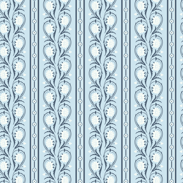 Floral Columns Wallpaper features elegant vertical stripes intertwined with stylized blooms in soft red and deep blue on a warm white backdrop.