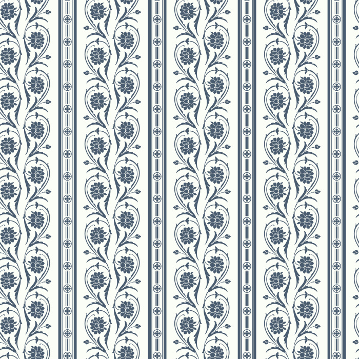 Floral Columns Wallpaper features elegant vertical stripes intertwined with stylized blooms in soft red and deep blue on a warm white backdrop.
