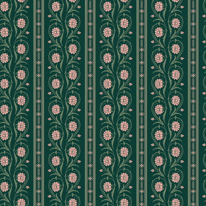 Floral Columns Wallpaper features elegant vertical stripes intertwined with stylized blooms in soft red and deep blue on a warm white backdrop.