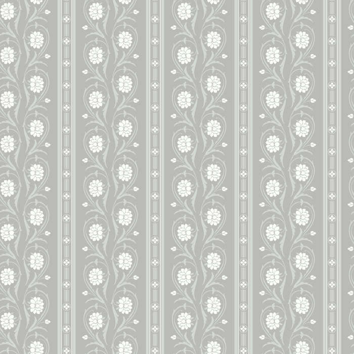 Floral Columns Wallpaper features elegant vertical stripes intertwined with stylized blooms in soft red and deep blue on a warm white backdrop.