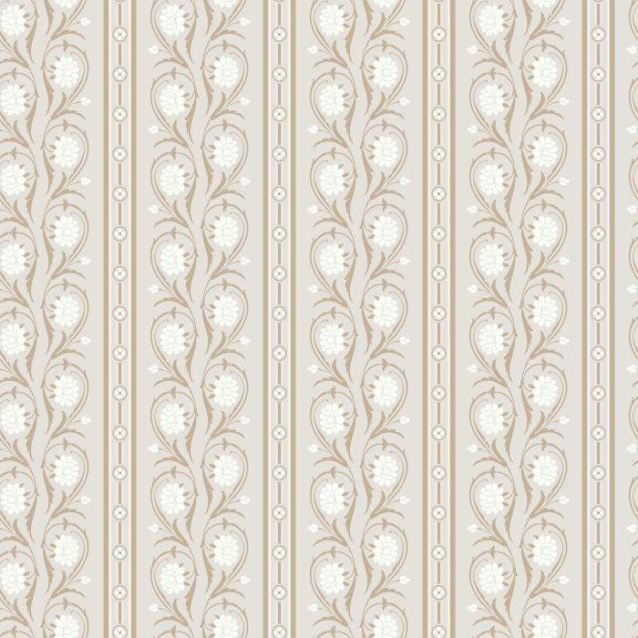 Floral Columns Wallpaper features elegant vertical stripes intertwined with stylized blooms in soft red and deep blue on a warm white backdrop.