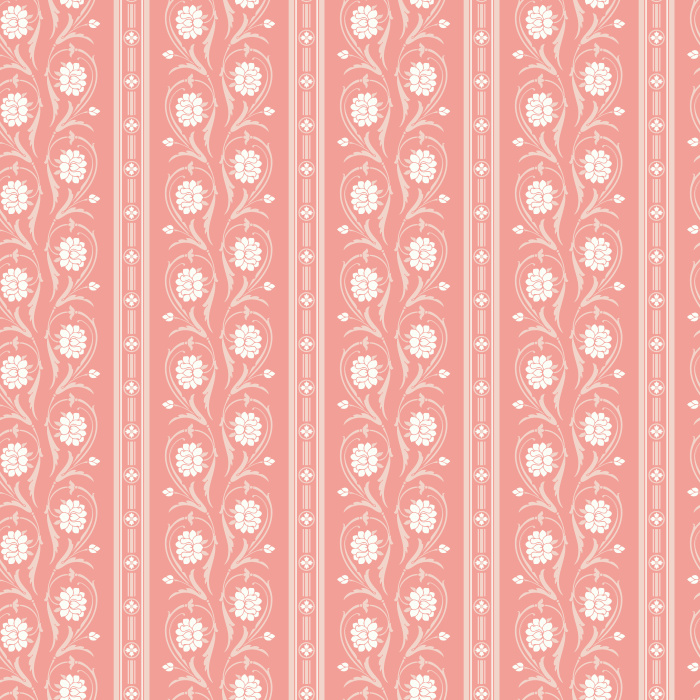Floral Columns Wallpaper features elegant vertical stripes intertwined with stylized blooms in soft red and deep blue on a warm white backdrop.