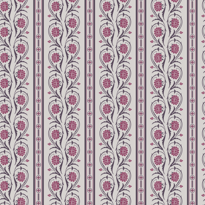 Floral Columns Wallpaper features elegant vertical stripes intertwined with stylized blooms in soft red and deep blue on a warm white backdrop.