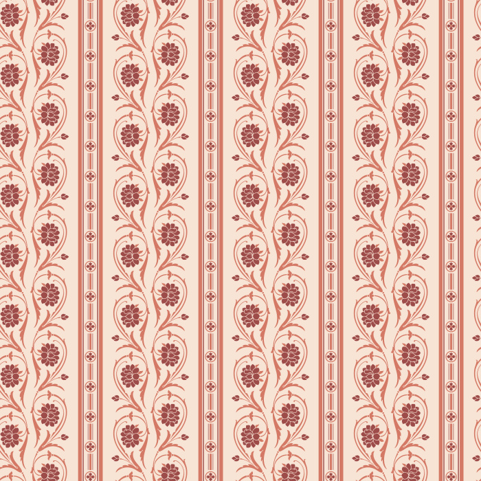 Floral Columns Wallpaper features elegant vertical stripes intertwined with stylized blooms in soft red and deep blue on a warm white backdrop.