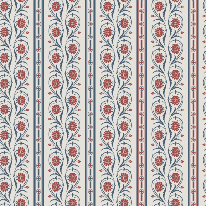 Floral Columns Wallpaper features elegant vertical stripes intertwined with stylized blooms in soft red and deep blue on a warm white backdrop.