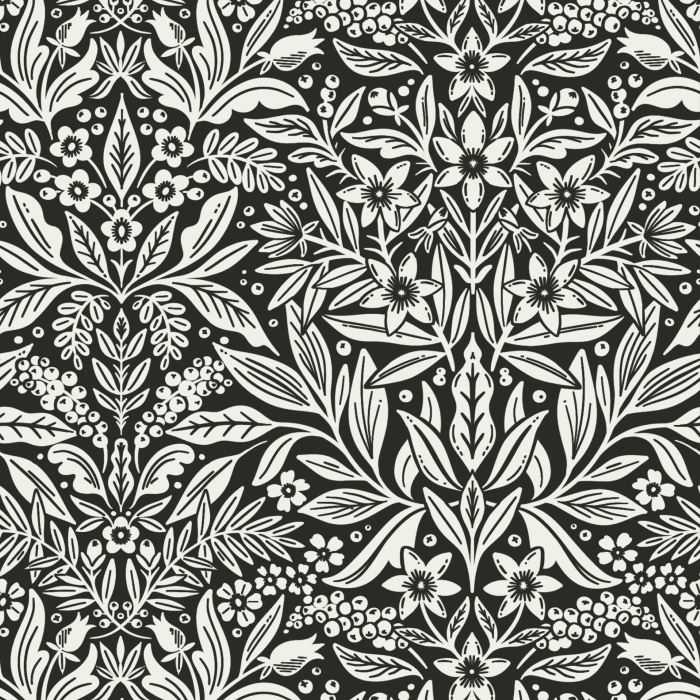 Floral Weave Wallpaper showcases an intricate, lace-like botanical pattern with interlaced leaves and blossoms in a delicate blush-and-cream palette.