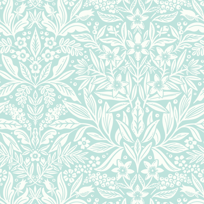 Floral Weave Wallpaper showcases an intricate, lace-like botanical pattern with interlaced leaves and blossoms in a delicate blush-and-cream palette.