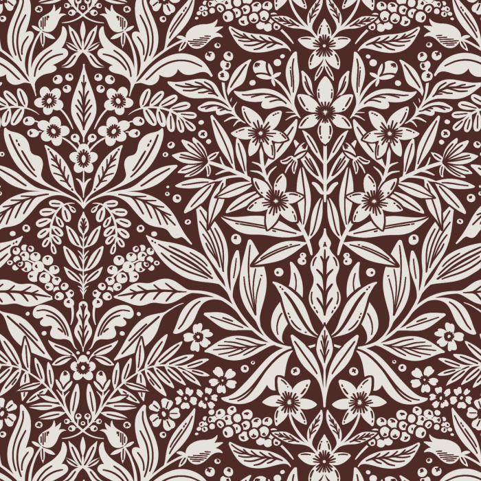 Floral Weave Wallpaper showcases an intricate, lace-like botanical pattern with interlaced leaves and blossoms in a delicate blush-and-cream palette.