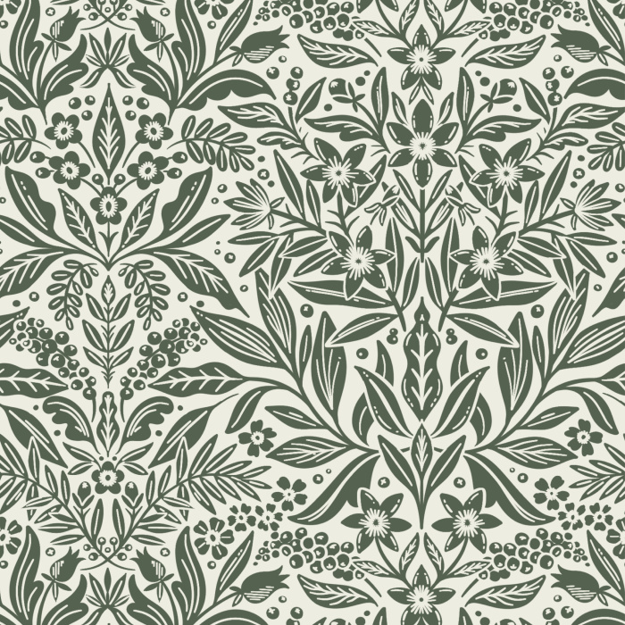 Floral Weave Wallpaper showcases an intricate, lace-like botanical pattern with interlaced leaves and blossoms in a delicate blush-and-cream palette.