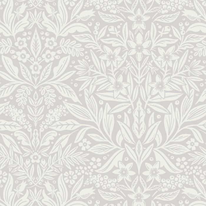 Floral Weave Wallpaper showcases an intricate, lace-like botanical pattern with interlaced leaves and blossoms in a delicate blush-and-cream palette.