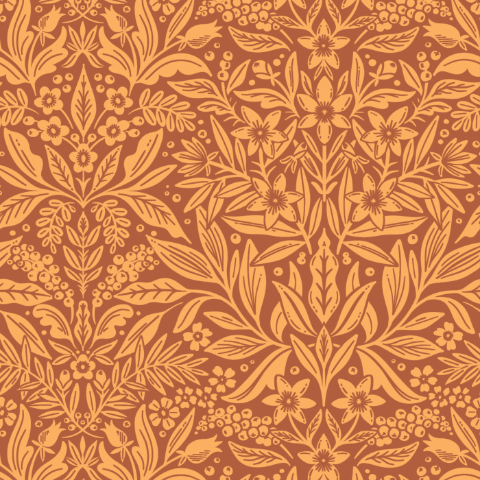 Floral Weave Wallpaper showcases an intricate, lace-like botanical pattern with interlaced leaves and blossoms in a delicate blush-and-cream palette.