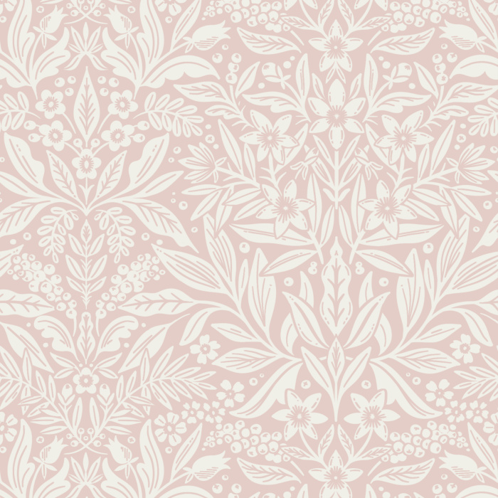 Floral Weave Wallpaper showcases an intricate, lace-like botanical pattern with interlaced leaves and blossoms in a delicate blush-and-cream palette.