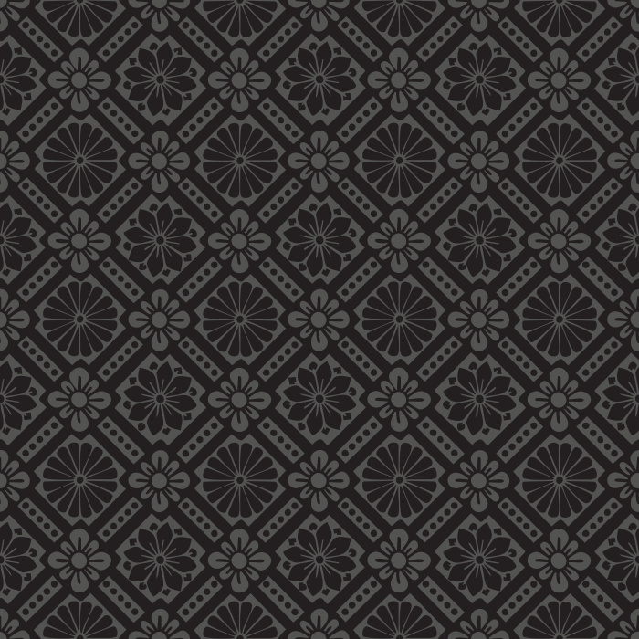 Historic Blooms Wallpaper features a tile-inspired floral motif arranged in a bold geometric grid with navy, cream, and warm brown tones.