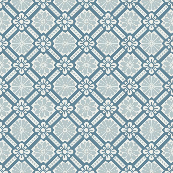 Historic Blooms Wallpaper features a tile-inspired floral motif arranged in a bold geometric grid with navy, cream, and warm brown tones.