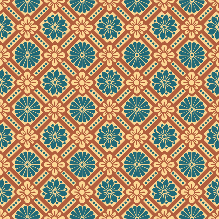 Historic Blooms Wallpaper features a tile-inspired floral motif arranged in a bold geometric grid with navy, cream, and warm brown tones.