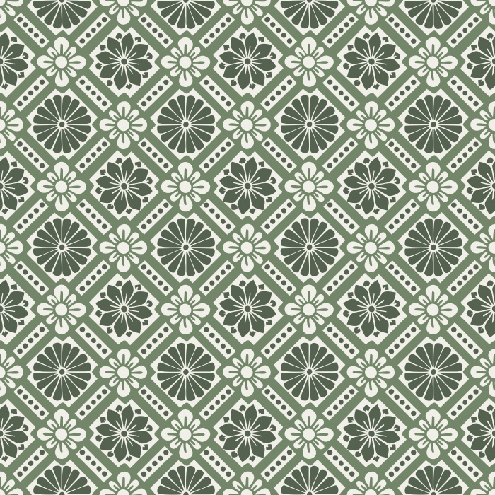 Historic Blooms Wallpaper features a tile-inspired floral motif arranged in a bold geometric grid with navy, cream, and warm brown tones.