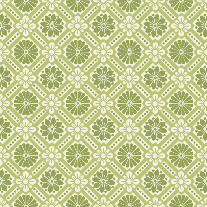 Historic Blooms Wallpaper features a tile-inspired floral motif arranged in a bold geometric grid with navy, cream, and warm brown tones.