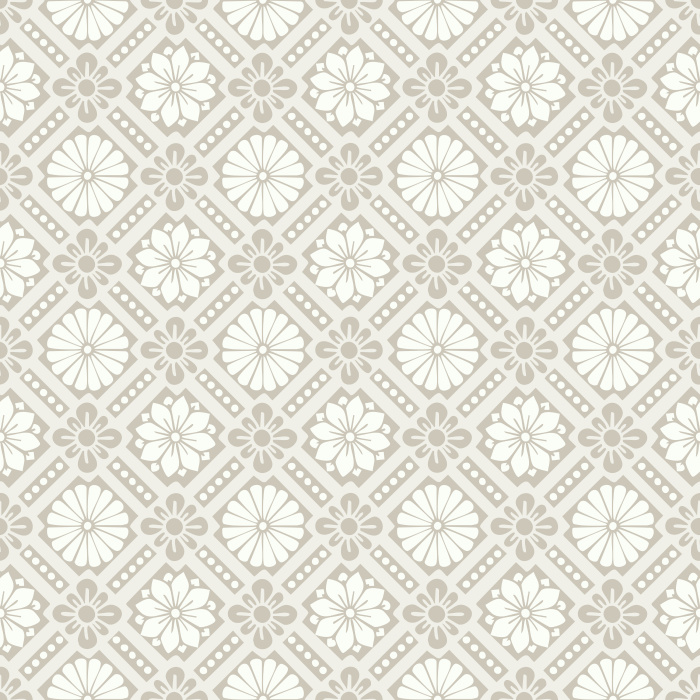 Historic Blooms Wallpaper features a tile-inspired floral motif arranged in a bold geometric grid with navy, cream, and warm brown tones.