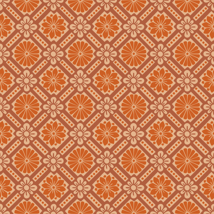 Historic Blooms Wallpaper features a tile-inspired floral motif arranged in a bold geometric grid with navy, cream, and warm brown tones.