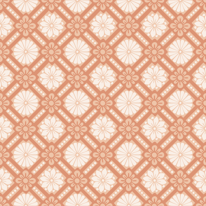 Historic Blooms Wallpaper features a tile-inspired floral motif arranged in a bold geometric grid with navy, cream, and warm brown tones.