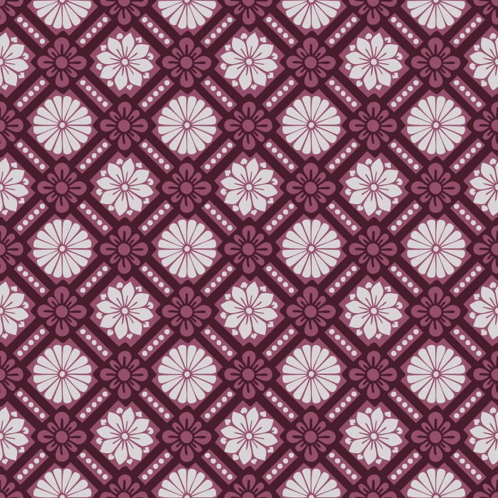 Historic Blooms Wallpaper features a tile-inspired floral motif arranged in a bold geometric grid with navy, cream, and warm brown tones.