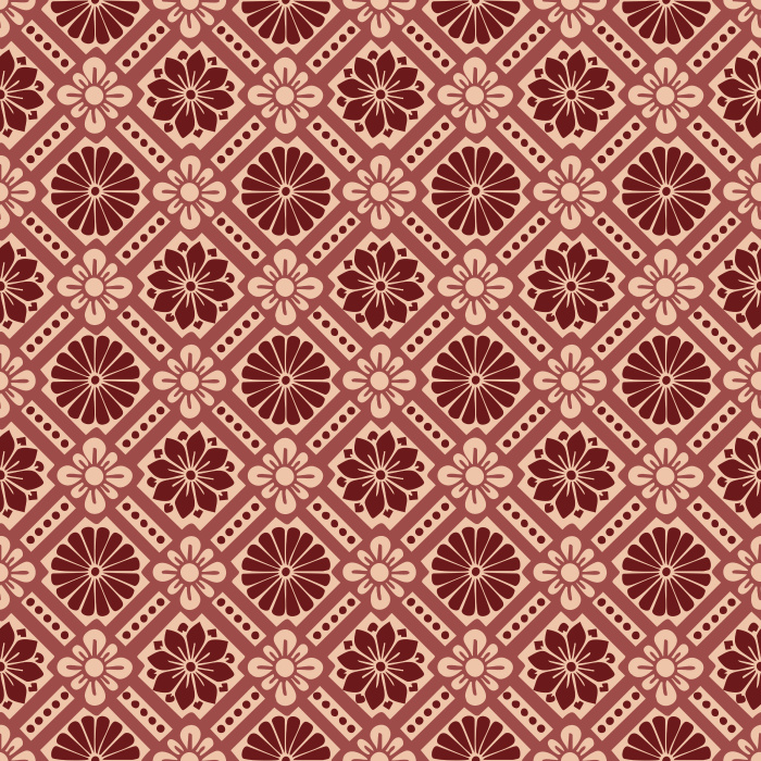 Historic Blooms Wallpaper features a tile-inspired floral motif arranged in a bold geometric grid with navy, cream, and warm brown tones.