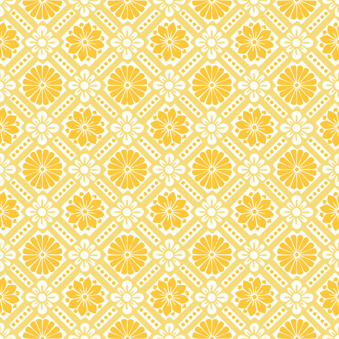 Historic Blooms Wallpaper features a tile-inspired floral motif arranged in a bold geometric grid with navy, cream, and warm brown tones.