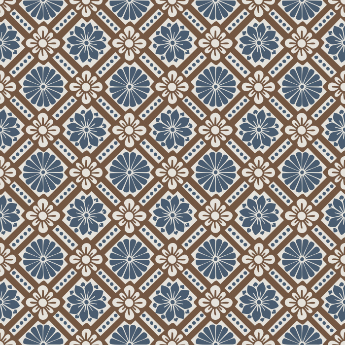 Historic Blooms Wallpaper features a tile-inspired floral motif arranged in a bold geometric grid with navy, cream, and warm brown tones.