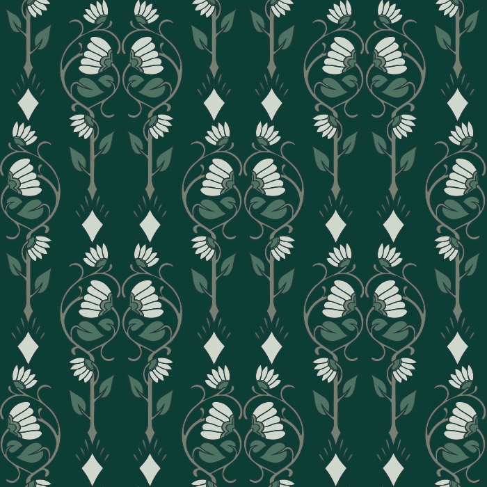 Crafted Florals Wallpaper showcases a hand-drawn floral motif with stylized blossoms and sweeping stems in soft slate blue and warm gray on an ivory backdrop.