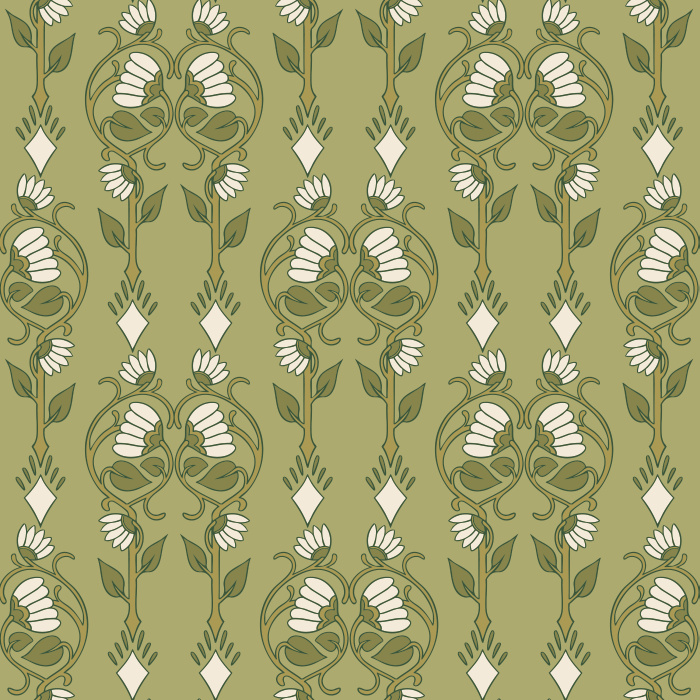 Crafted Florals Wallpaper showcases a hand-drawn floral motif with stylized blossoms and sweeping stems in soft slate blue and warm gray on an ivory backdrop.
