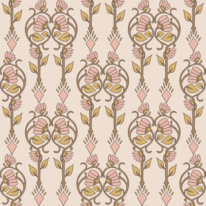 Crafted Florals Wallpaper showcases a hand-drawn floral motif with stylized blossoms and sweeping stems in soft slate blue and warm gray on an ivory backdrop.