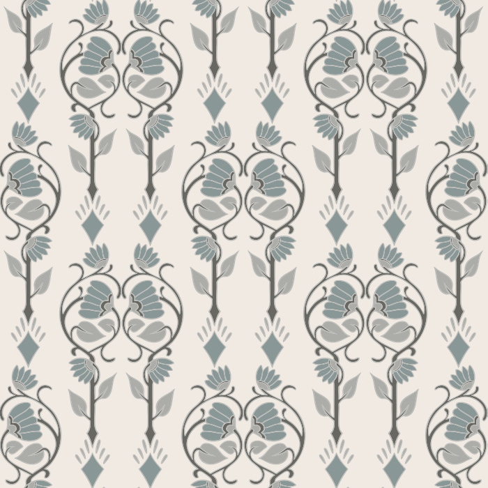 Crafted Florals Wallpaper showcases a hand-drawn floral motif with stylized blossoms and sweeping stems in soft slate blue and warm gray on an ivory backdrop.