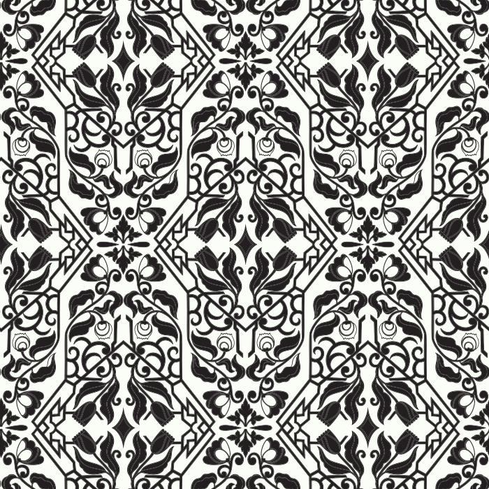 Artisan Florals Wallpaper showcases an ornate floral motif set within an intricate geometric framework in terracotta, gold, and slate blue tones.